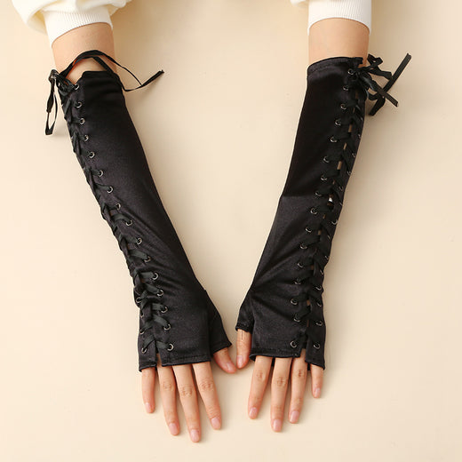 Long Black Satin Arm Sleeve Long For Wedding Lace-up Fingerless Gloves
