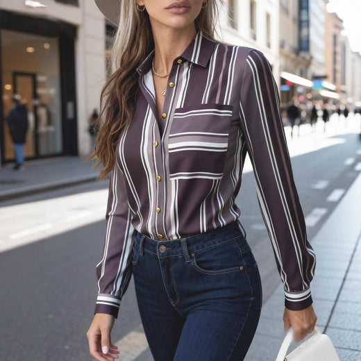 Elegant Sophisticated Striped Patchwork Print Blouse With Long Sleeves For Workwear
