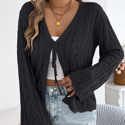 Solid-color Hollow-out Lace-up Flared-sleeve Knit Top For Women