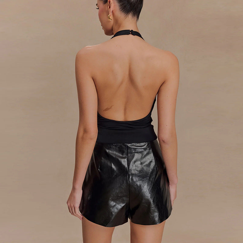 Women's Halter Top With Hollowed-Out Pleated Design And Open-Back Vest