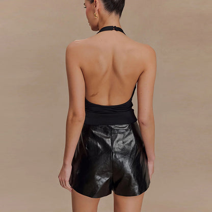 Women's Halter Top With Hollowed-Out Pleated Design And Open-Back Vest