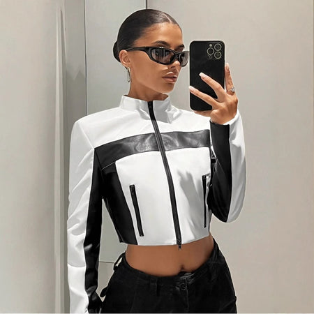 Black And White Contrast Color Leather Coat Women's Zipper Short Slim Jacket
