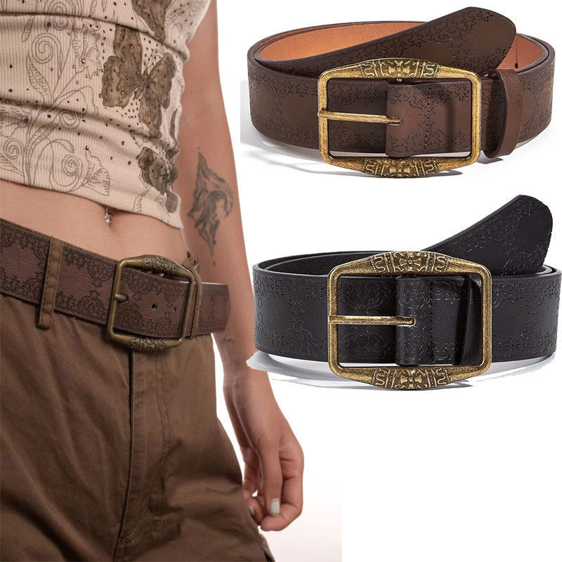 New Retro Embossing Belt Brown Alloy Ethnic Style