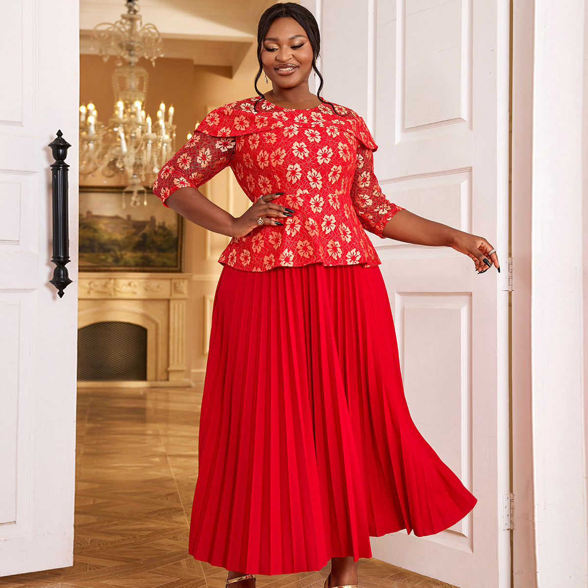 Women's Solid Color Versatile Lace Long Sleeved Pleated Skirt