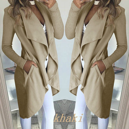 Women's Plus Size Solid Color Polo Collar Slim Fit Long Trench Coat