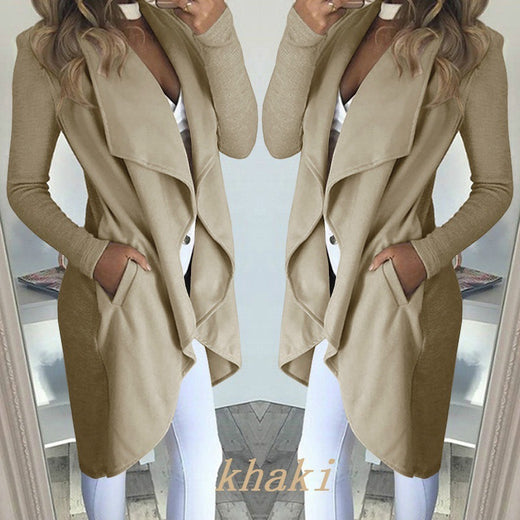Women's Plus Size Solid Color Polo Collar Slim Fit Long Trench Coat