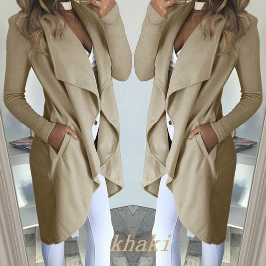 Women's Plus Size Solid Color Polo Collar Slim Fit Long Trench Coat