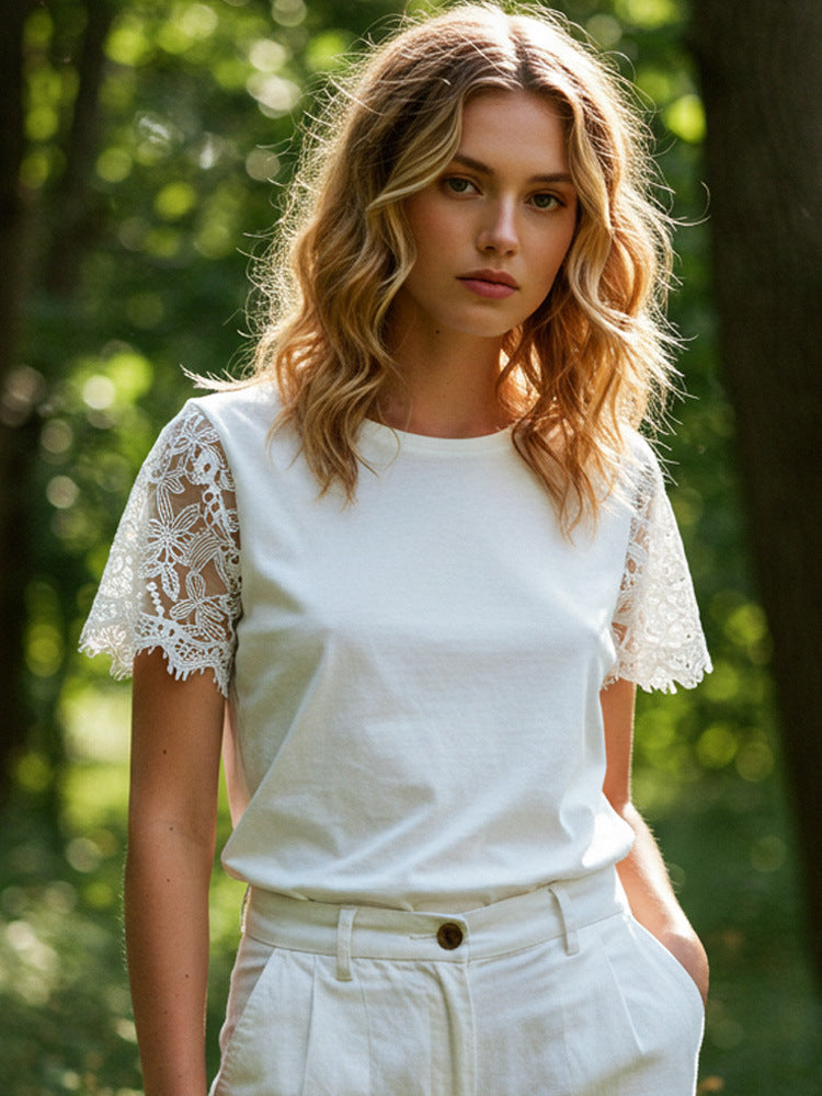 Womens Retro Printed Patchwork Crew-Neck Top