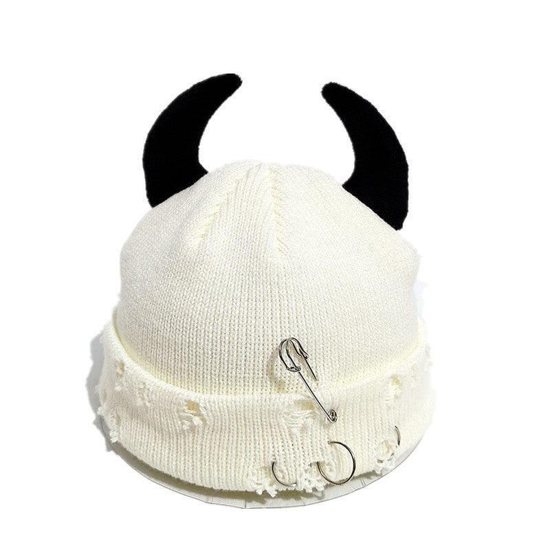 Knitted Wool Hat With Hole-decorated Gourd-shaped Devil-ear Pins