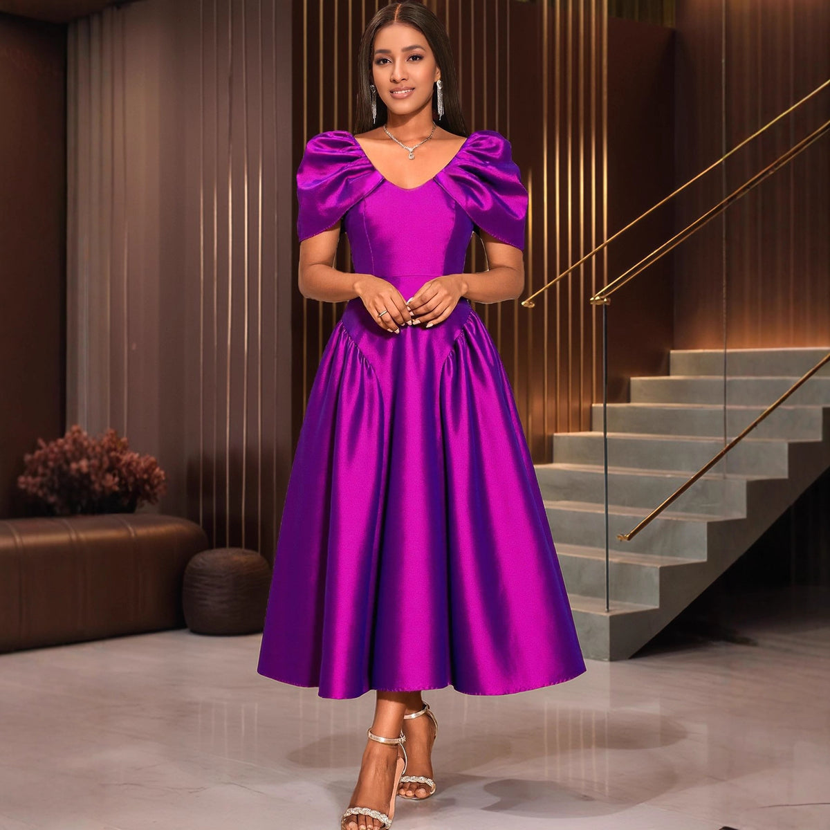 Puff Sleeve Evening Dress A Hem Pleated Banquet Dress