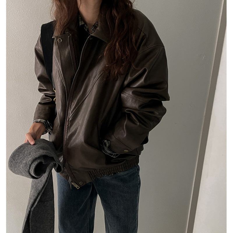 South Korea Chic Early Autumn Retro Handsome Motorcycle Leather Coat