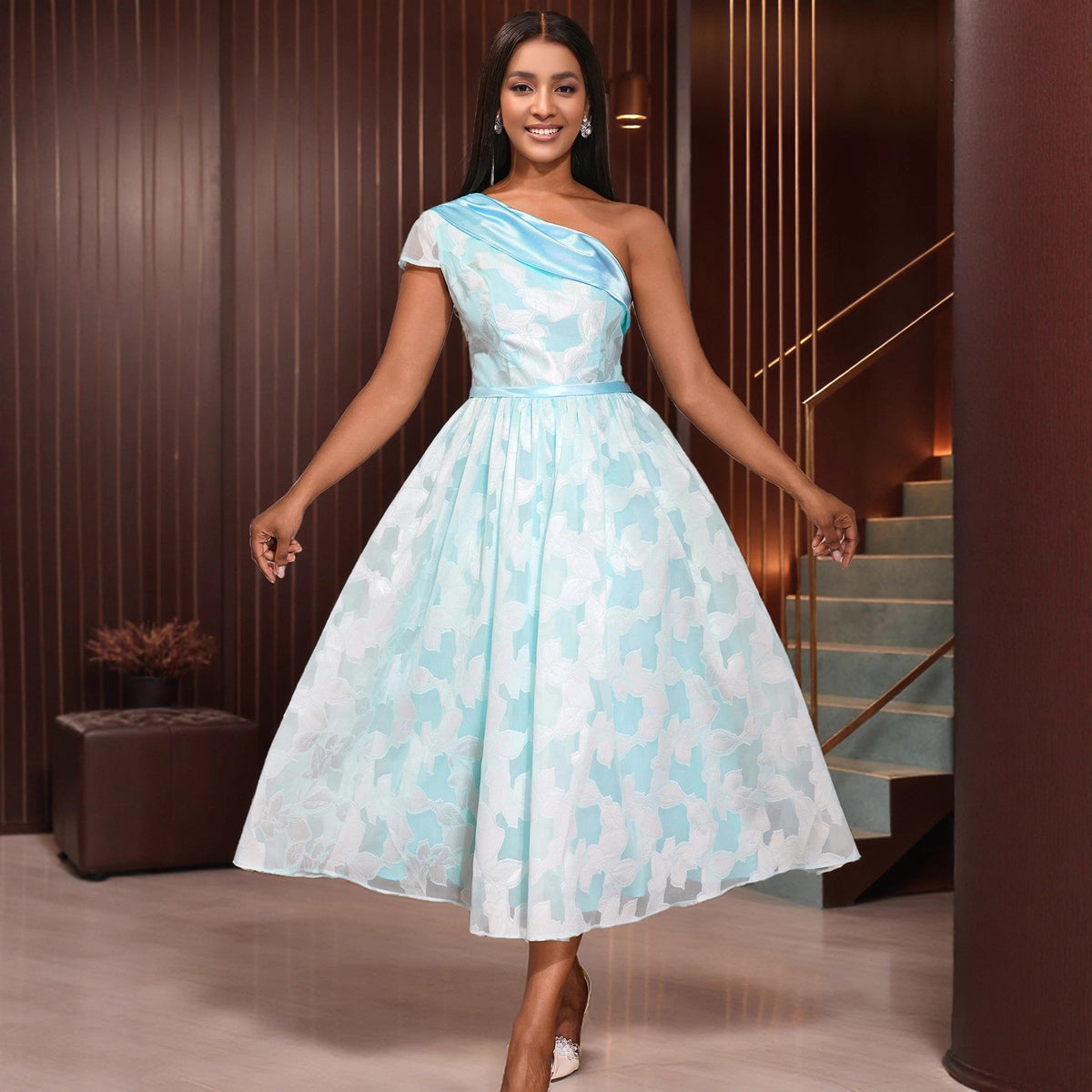 Women's Oblique Shoulder Contrast Color Evening Dress Jacquard Elegant Dress