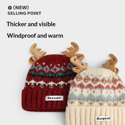 Women's Knitted Hat With Christmas Antlers Thick Warm And Adorable