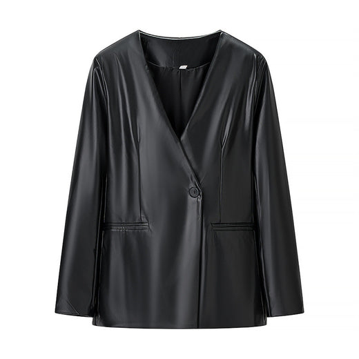 Women's Long-sleeved V-neck Leather Jacket