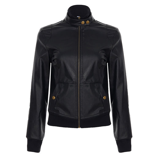 American Street Locomotive Style Waist Trimming Short Stand Collar PU Leather Jacket