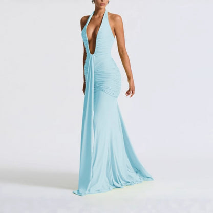 Solid Color Elegant Halter Deep V Waist-slimming Long Dress