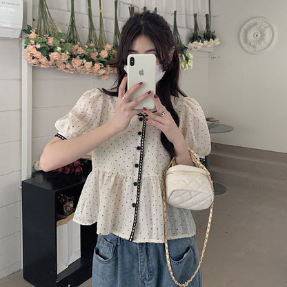 Summer Sweet And Feminine Loose-fitting Polka-dot Short-sleeve Top