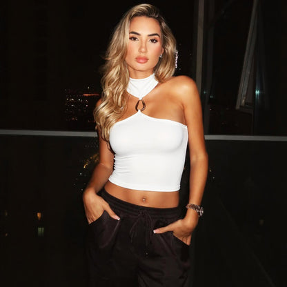 Women's Solid Color Slim Fit Crop Top With Halter Neck
