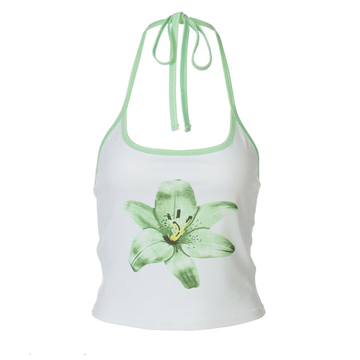 Printed Halterneck Lace-Up Ultra-Cropped Midriff-Baring Tank Top