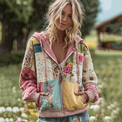 Womens Elegant Floral-Print Hooded Sweatshirt Top