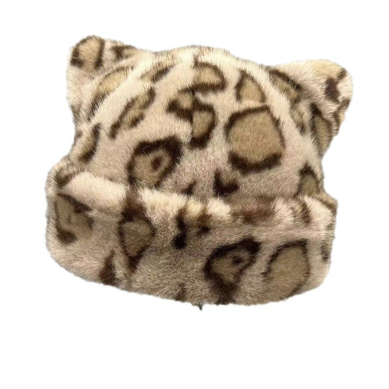 Japanese-style Leopard-print Bear-ear Plush Fisherman Hatcute Soft Warm Extra-thick And Lined With Plush