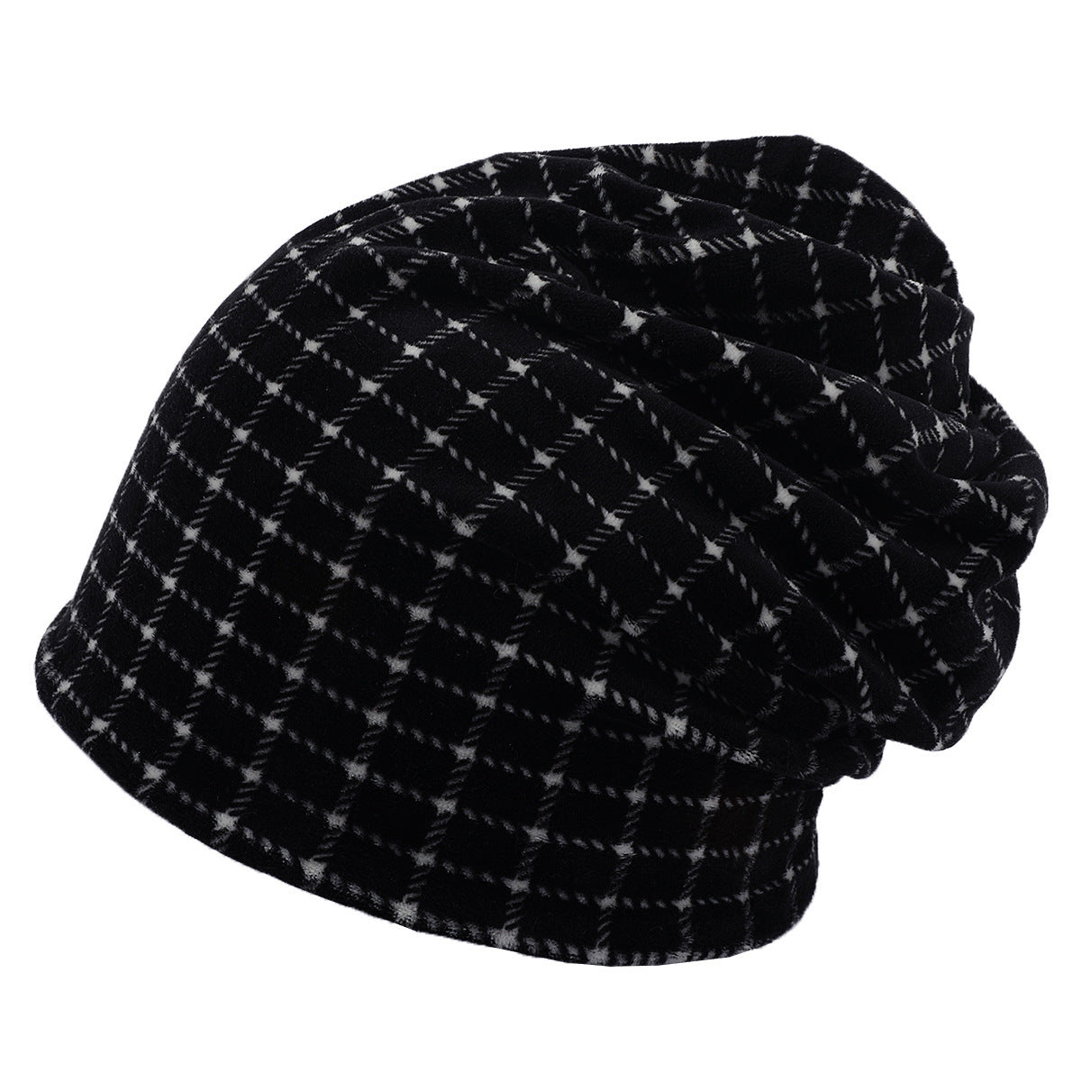 Double-layer Short-pile Bonnet With Multi-colored Plaid Pattern