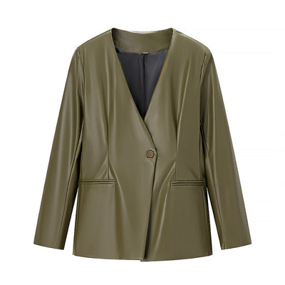 Women's Long-sleeved V-neck Leather Jacket