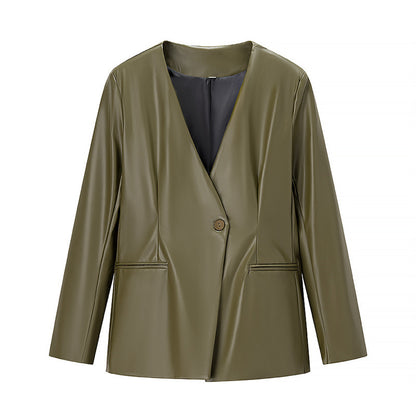Women's Long-sleeved V-neck Leather Jacket