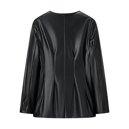 Women's Long-sleeved V-neck Leather Jacket