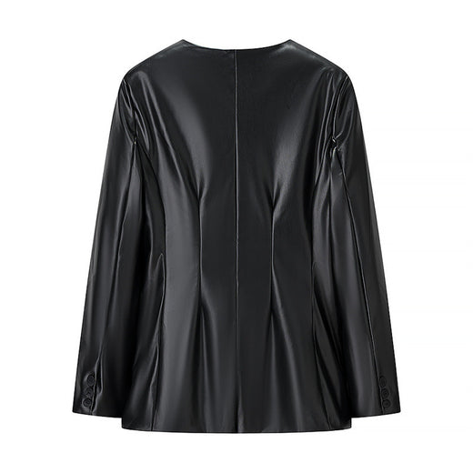 Women's Long-sleeved V-neck Leather Jacket