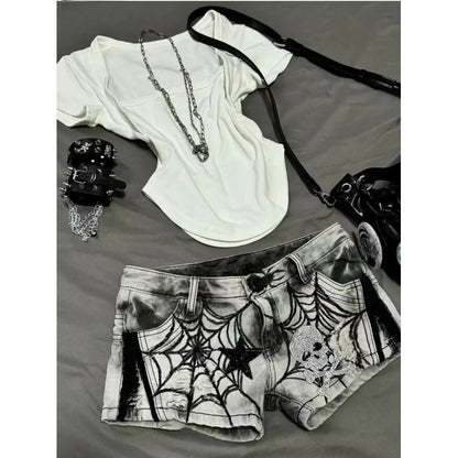 Womens American-style Spiderweb Print Diamond Skull And Star Denim Shorts