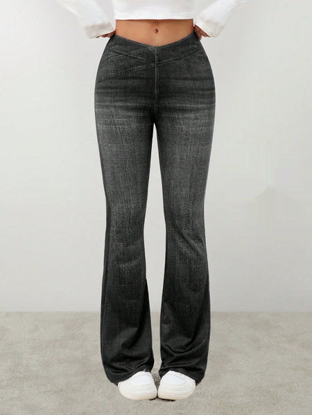 Denim High-rise Slim-fit Slightly Flared Pants That Create A Slimming Look