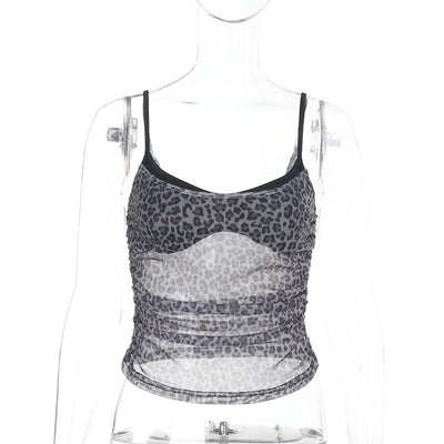 New Sexy Mesh Leopard-Print Fake Two-Piece Camisole Top
