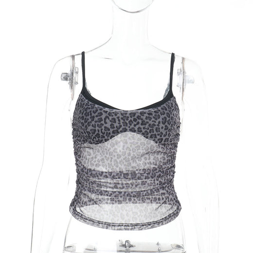 New Sexy Mesh Leopard-Print Fake Two-Piece Camisole Top