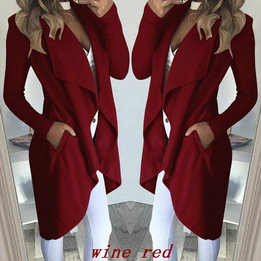 Women's Plus Size Solid Color Polo Collar Slim Fit Long Trench Coat