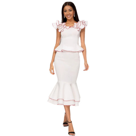 Women's Ruffled Contrast Color Top Temperament Slim Fishtail Skirt Suit