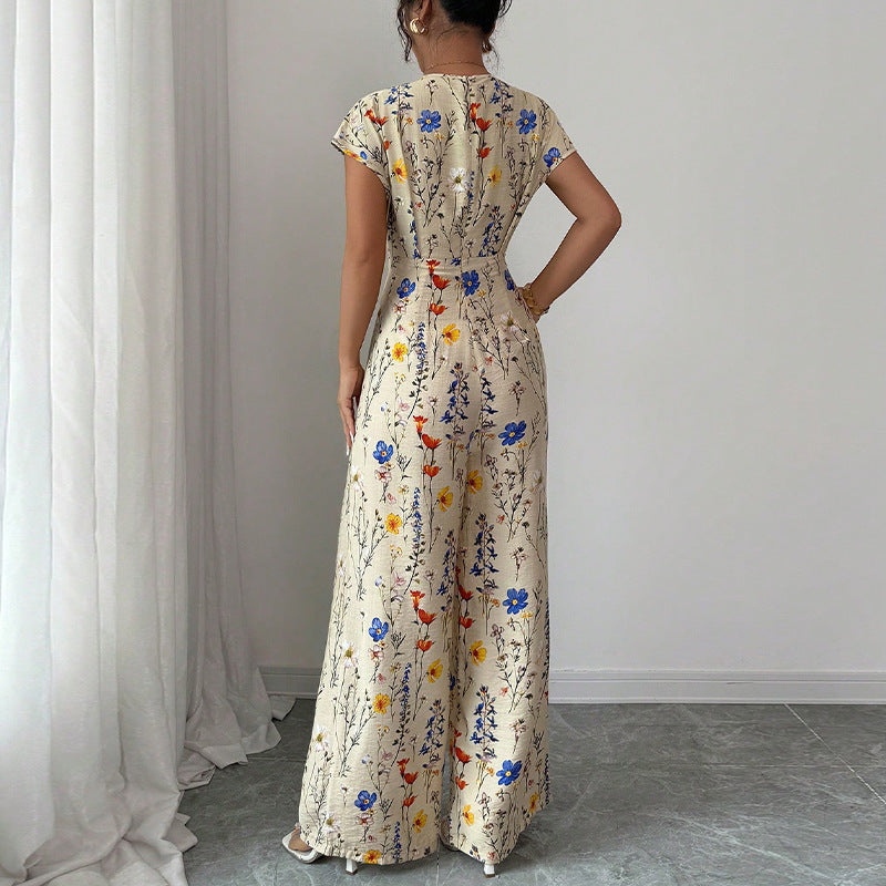 Autumn Short-sleeved Waist-cinching Wide-leg Pants