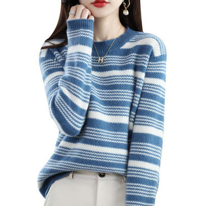 Versatile Loose-fitting Round-neck Striped Knit Top For Fallwinterstylish And Perfect As A Base Layer