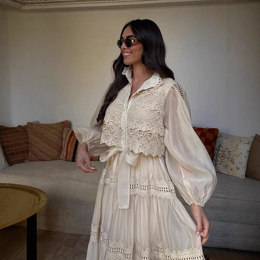 Long-sleeve Hollow-out Mesh Patchwork Dress With Lantern Sleeves