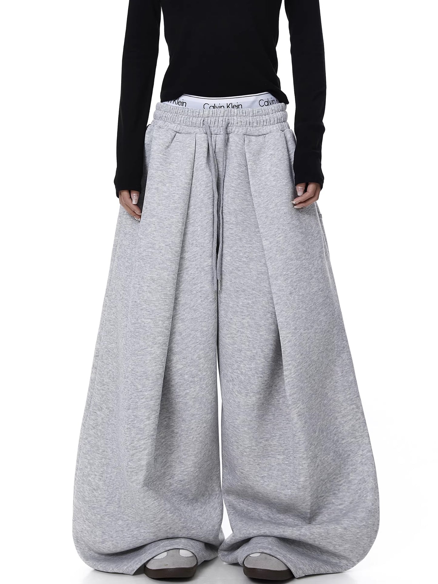 Embroidered Pleated Drawstring Sweatpants For Women Loose Straight Fit