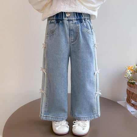 New Autumn Denim Wide-Leg Straight Pants With Bow For Kids