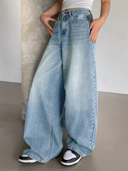 Water-washed Blue Wide-leg Extra-long Floor-length Jeans