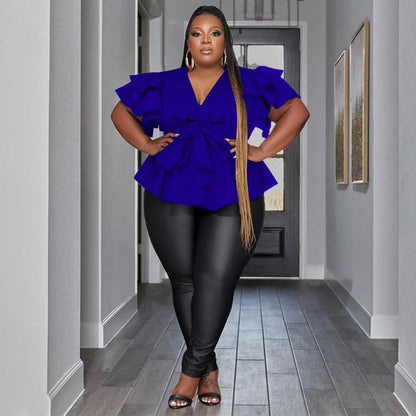 Women's Casual All-Match V-Neck Ruffle-Sleeve Pleated Blouse Top