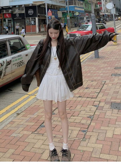 American Sweet Cool Retro Vintage Brown Leather Coat