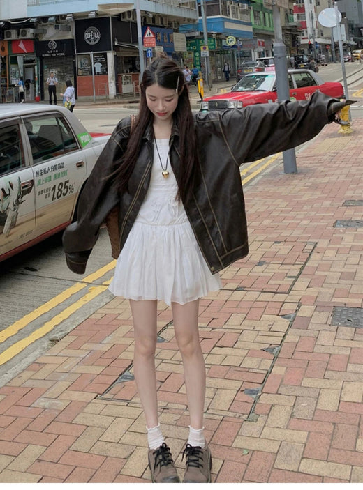 American Sweet Cool Retro Vintage Brown Leather Coat