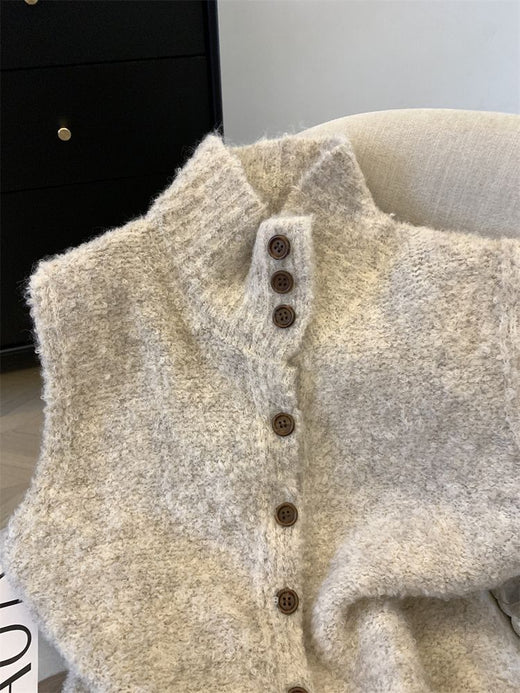 Korean-style Refined High-neck Single-breasted Solid Color Knitted Vest