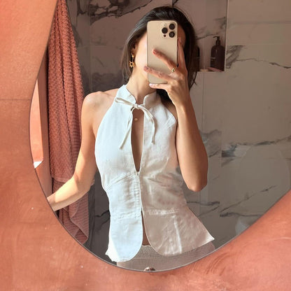 Women's Retro Lace-up Halter Neck Off-Shoulder Slim-fit Tank Top