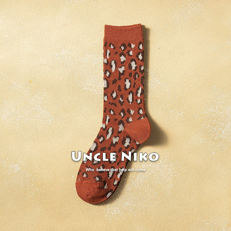 Ins Combed Cotton Mid-calf Socks Double-needle Korean-style Leopard Print