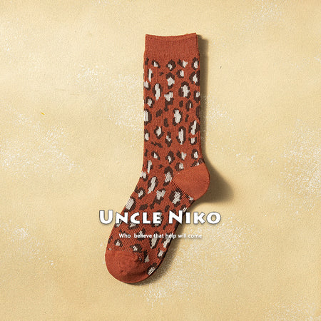 Ins Combed Cotton Mid-calf Socks Double-needle Korean-style Leopard Print