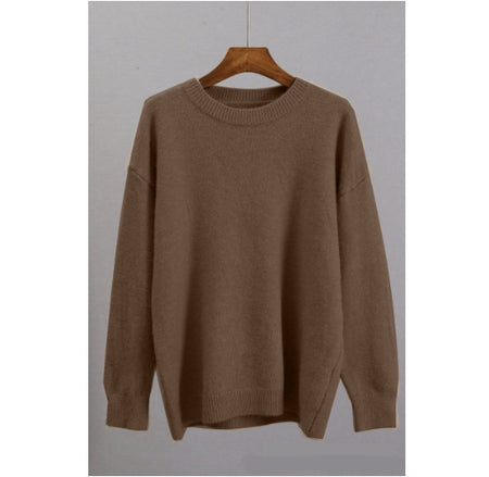 Womens Knitted Crew-neck Solid-color Loose Sweater